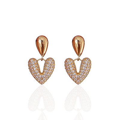 Brinco Folheado Ouro 18k e Prata 925 Coração Cravejado