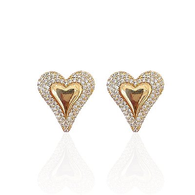 Brinco Folheado Ouro 18k e Prata 925 Coração Cravejado