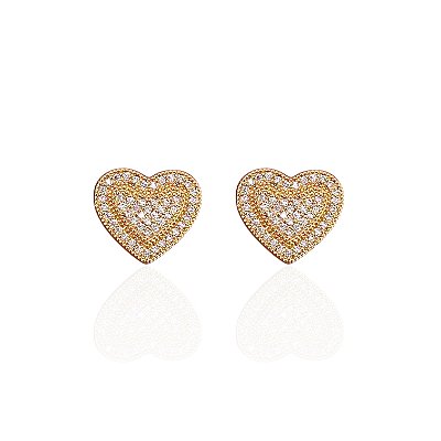 Brinco Folheado Ouro 18k e Prata 925 Coração Cravejado