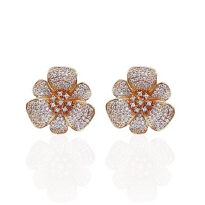 Brinco Folheado Ouro 18k e Prata 925 Flor Cravejada