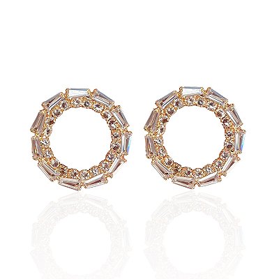Brinco Folheado Ouro 18k e Prata 925 Redondo Vazado Cravejado