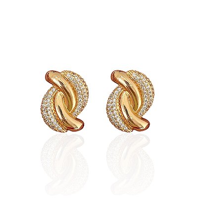 Brinco Folheado Ouro 18k e Prata 925 Elo Torcido Cravejado