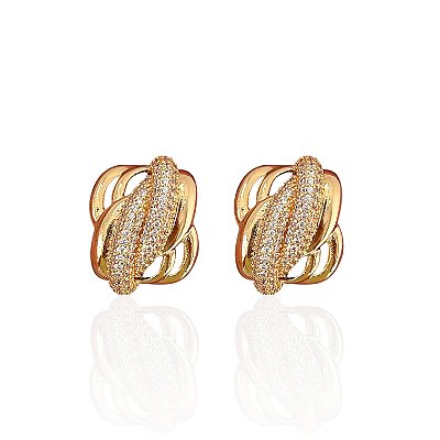 Brinco Folheado Ouro 18k e Prata 925 Elos Trançado Cravejado