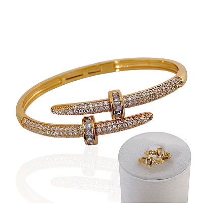 Conjunto Anel e Bracelete Folheado Ouro 18k e Prata 925 Inspired Prego Cravejado