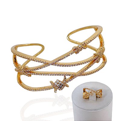 Conjunto Anel e Bracelete Folheado Ouro 18k Tiras Nó Cravejado