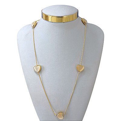 Colar Longo Folheado Ouro 18k e Prata 925 Malha Coração Pedraria
