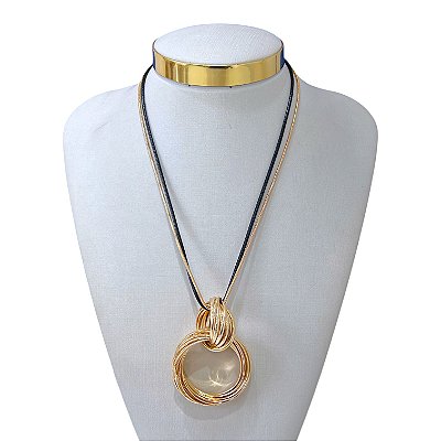 Colar Longo Folheado Ouro 18k e Prata 925 Malha Couro Elos