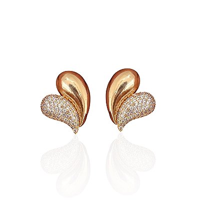 Brinco Folheado Ouro 18k e Prata 925 Coração Abaolado Cravejado