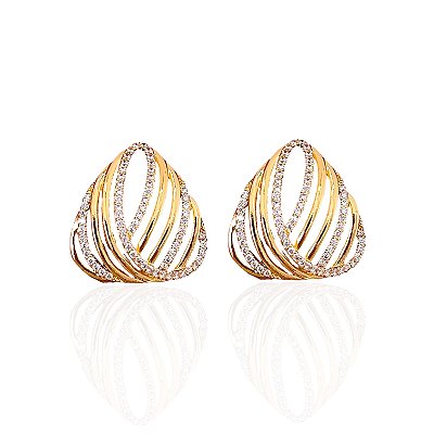 Brinco Folheado Ouro 18k e Prata 925 Triângulo Tiras Cravejado