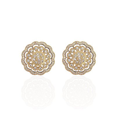 Brinco Folheado Ouro 18k e Prata 925 Mandala Flor Cravejada