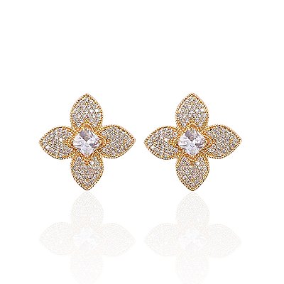 Brinco Folheado Ouro 18k e Prata 925 Flor Cravejada