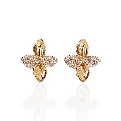 Brinco Folheado Ouro 18k e Prata 925 Flor Cravejada