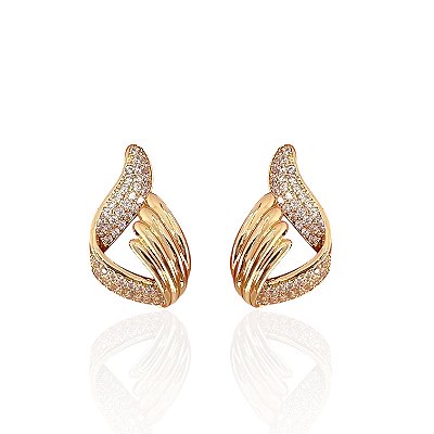 Brinco Folheado Ouro 18k e Prata 925 Gota Tiras Cravejada