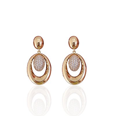 Brinco Folheado Ouro 18k e Prata 925 Oval Cravejado