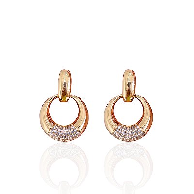 Brinco Folheado Ouro 18k e Prata 925 Redondo Cravejado