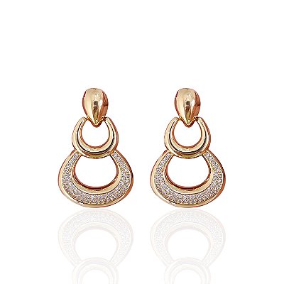 Brinco Folheado Ouro 18k e Prata 925 Redondo Gota Cravejado