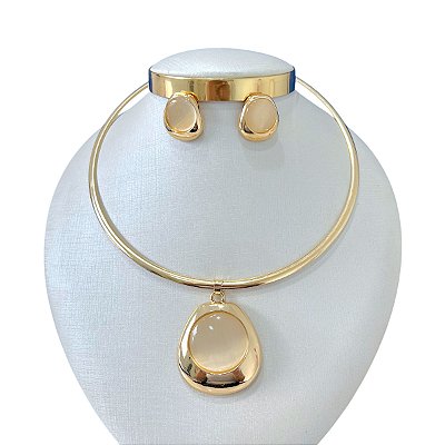 Conjunto Aro Bijuteria Dourado e Prata Redondo Pedraria