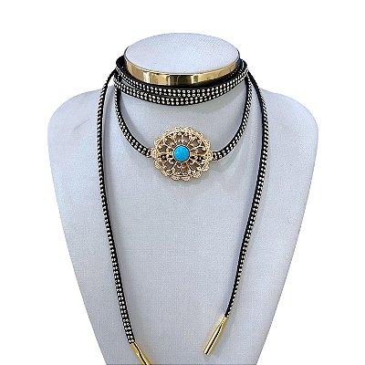 Choker Couro Bijuteria Dourado e prata Country Mandala Pedraria