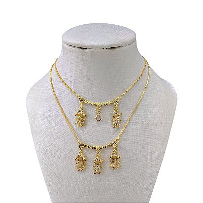 Colar Folheado Ouro 18k e Prata 925 Canga Mãe Filhos Cravejados