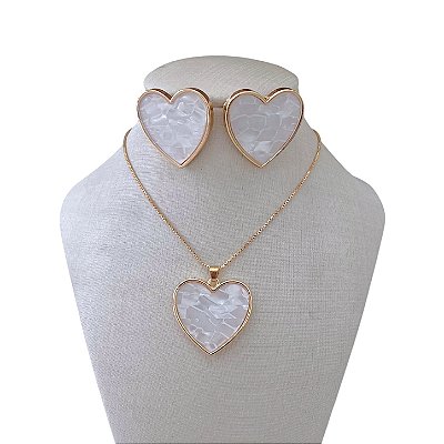Conjunto Folheado Ouro 18k e Prata 925 Coração Madrepérola