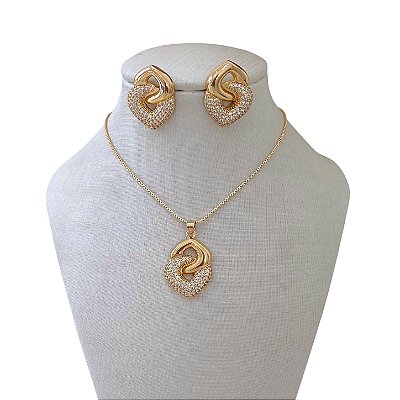 Conjunto Folheado Ouro 18k e Prata 925 Gota Cravejado