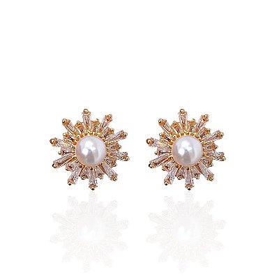Brinco Folheado Ouro 18k e Prata 925 Mandala Pérola Cravejada