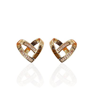 Brinco Folheado Ouro 18k e Prata 925 Coração Trançado Cravejado