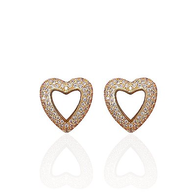 Brinco Folheado Ouro 18k e Prata 925 Coração Vazado Cravejado