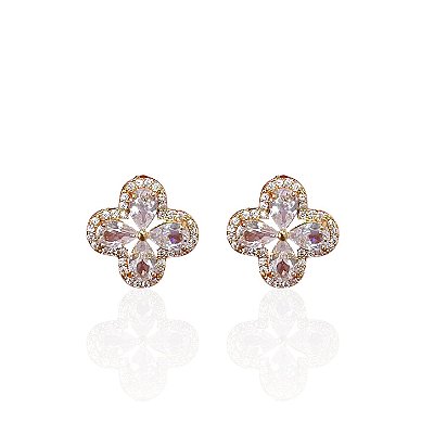 Brinco Folheado Ouro 18k e Prata 925 Flor Cravejada