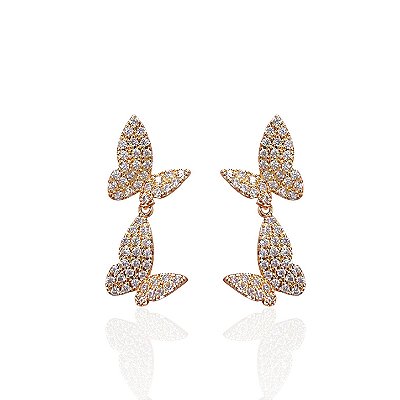 Brinco Folheado Ouro 18k e Prata 925 Borboletas Cravejada
