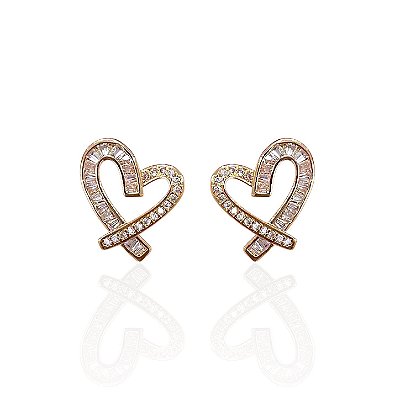 Brinco Folheado Ouro 18k e Prata 925 Coração Cravejado