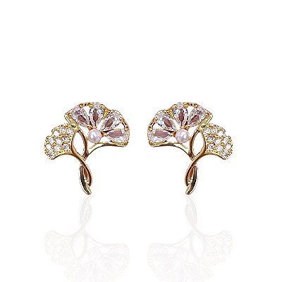 Brinco Folheado Ouro 18k e Prata 925 Árvore Pérola Cravejada