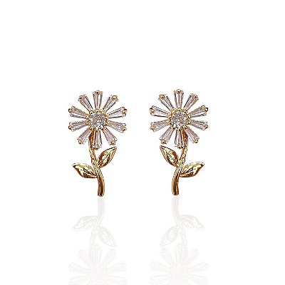 Brinco Folheado Ouro 18k e Prata 925 Flor Girassol Cravejada