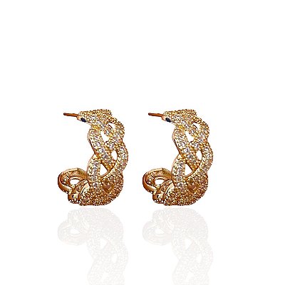 Brinco Folheado Ouro 18k e Prata 925 Argola Trançada Cravejada