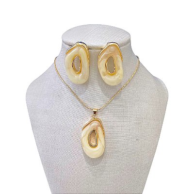 Conjunto Folheado Ouro 18k e Prata 925 Pedraria Orgânico Vazado