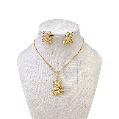 Conjunto Folheado Ouro 18k e Prata 925 Inspired Gato Cravejado