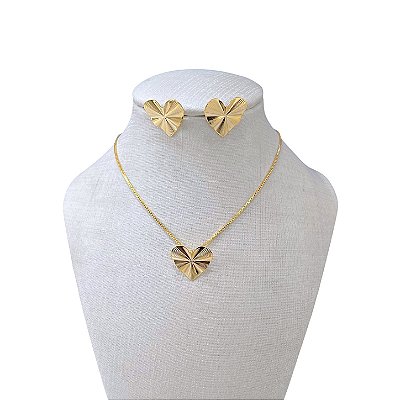 Conjunto Folheado Ouro 18k e Prata 925 Coração Martelado