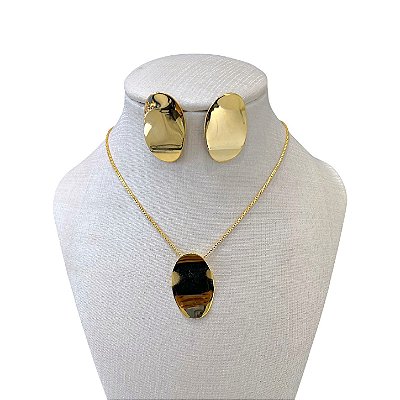Conjunto Folheado Ouro 18k e Prata 925 Oval Martelado