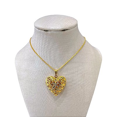 Colar Folheado Ouro 18k e Prata 925 Relicário Coração