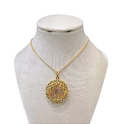 Colar Folheado Ouro 18k e Prata 925 Relicário Redondo