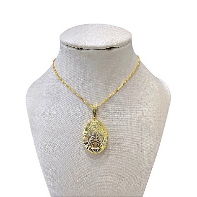 Colar Folheado Ouro 18k e Prata 925 Relicário Oval Nossa Senhora