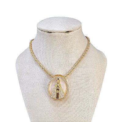 Colar Folheado Ouro 18k e Prata 925 Cordão Baiano Nossa Senhora Cravejada