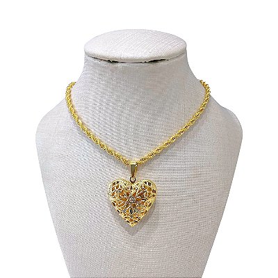 Colar Folheado Ouro 18k e Prata 925 Cordão Baiano Relicário Coração