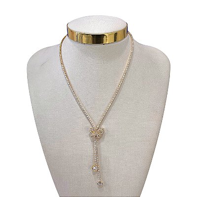 Colar Folheado Ouro 18k e Prata 925 Gravatinha Borboleta Cravejada