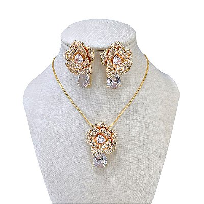 Conjunto Folheado Ouro 18k e Prata 925 Flor Cravejada Gota