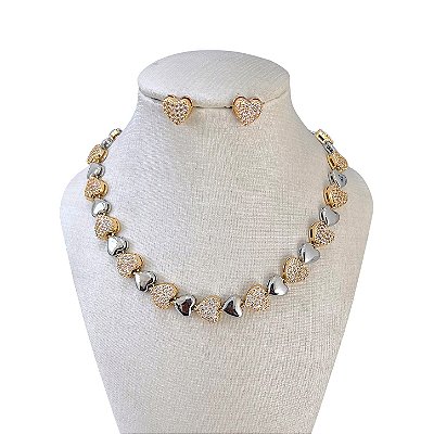 Conjunto Folheado Ouro 18k Coração Cravejado Dois Banhos