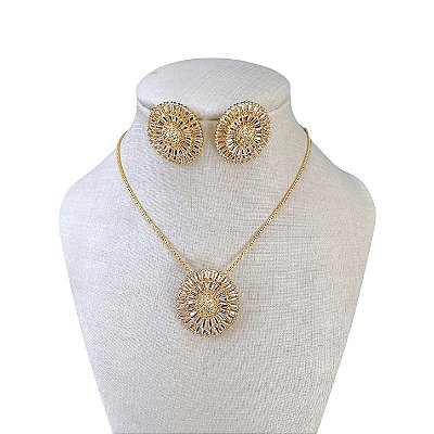 Conjunto Folheado Ouro 18k e Prata 925 Mandala Cravejada