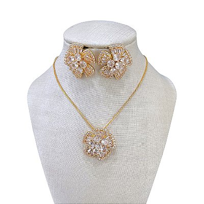 Conjunto Folheado Ouro 18k e Prata 925 Flor Cravejada
