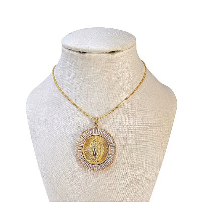 Colar Folheado Ouro 18k e Prata 925 Nossa Senhora das Graças Cravejado