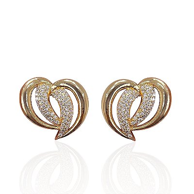 Brinco Folheado Ouro 18k e Prata 925 Coração Cravejado